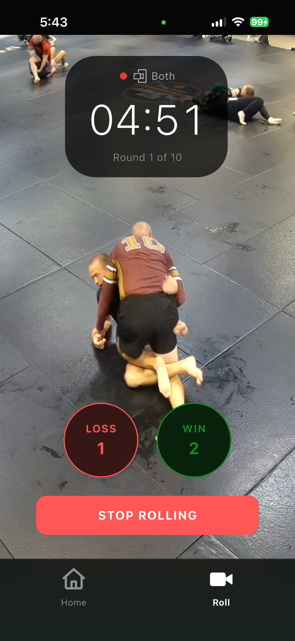 Active Recording screen with round timer and Win/Loss buttons